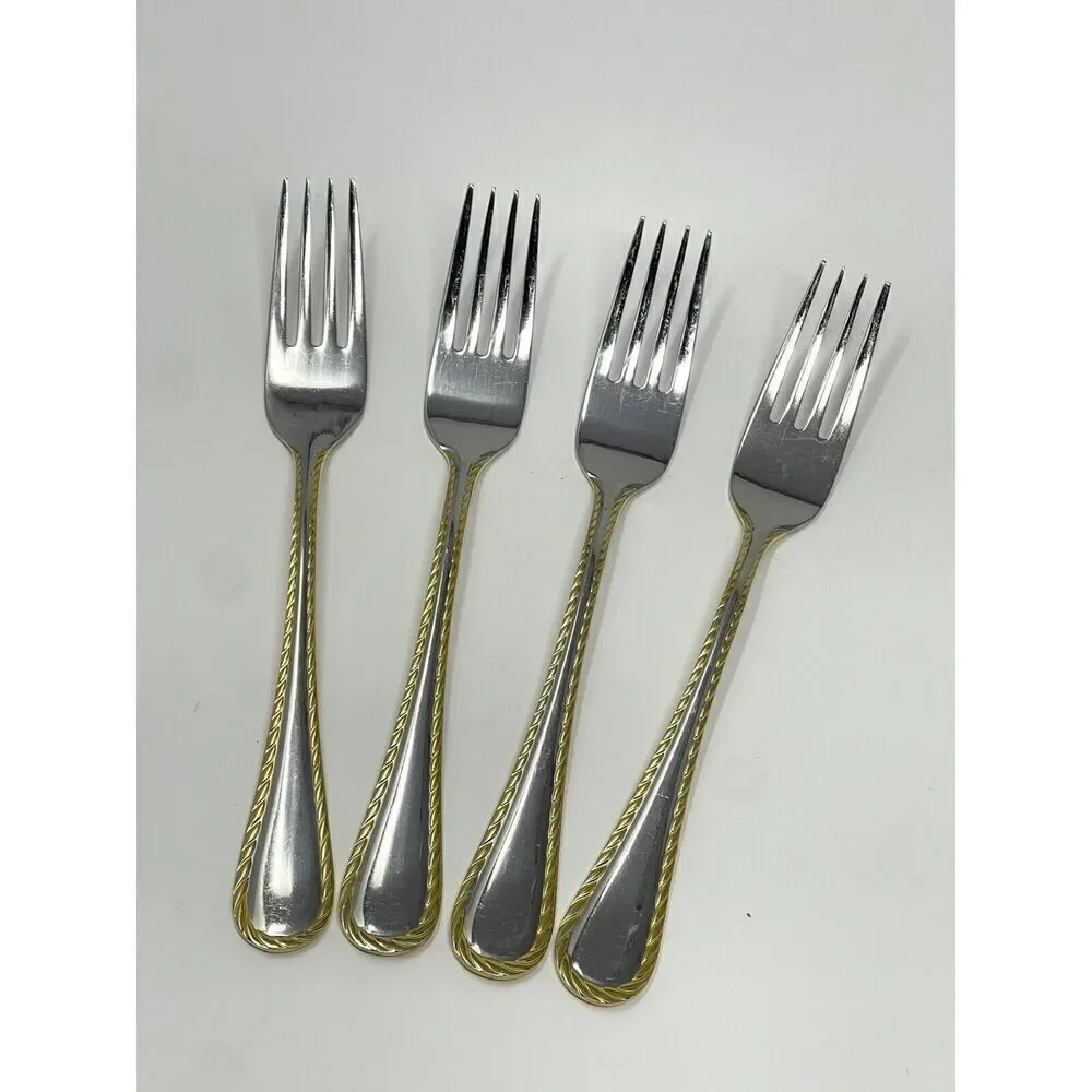 Oneida GOLDEN BELMONT Stainless Rope Edge Gold Accent Salad Forks 7” Set Of 4